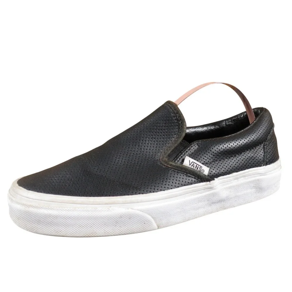 Vans Classic Slip-On‎ Women 5.5 Black Leather Perforated Casual Skate Sneakers